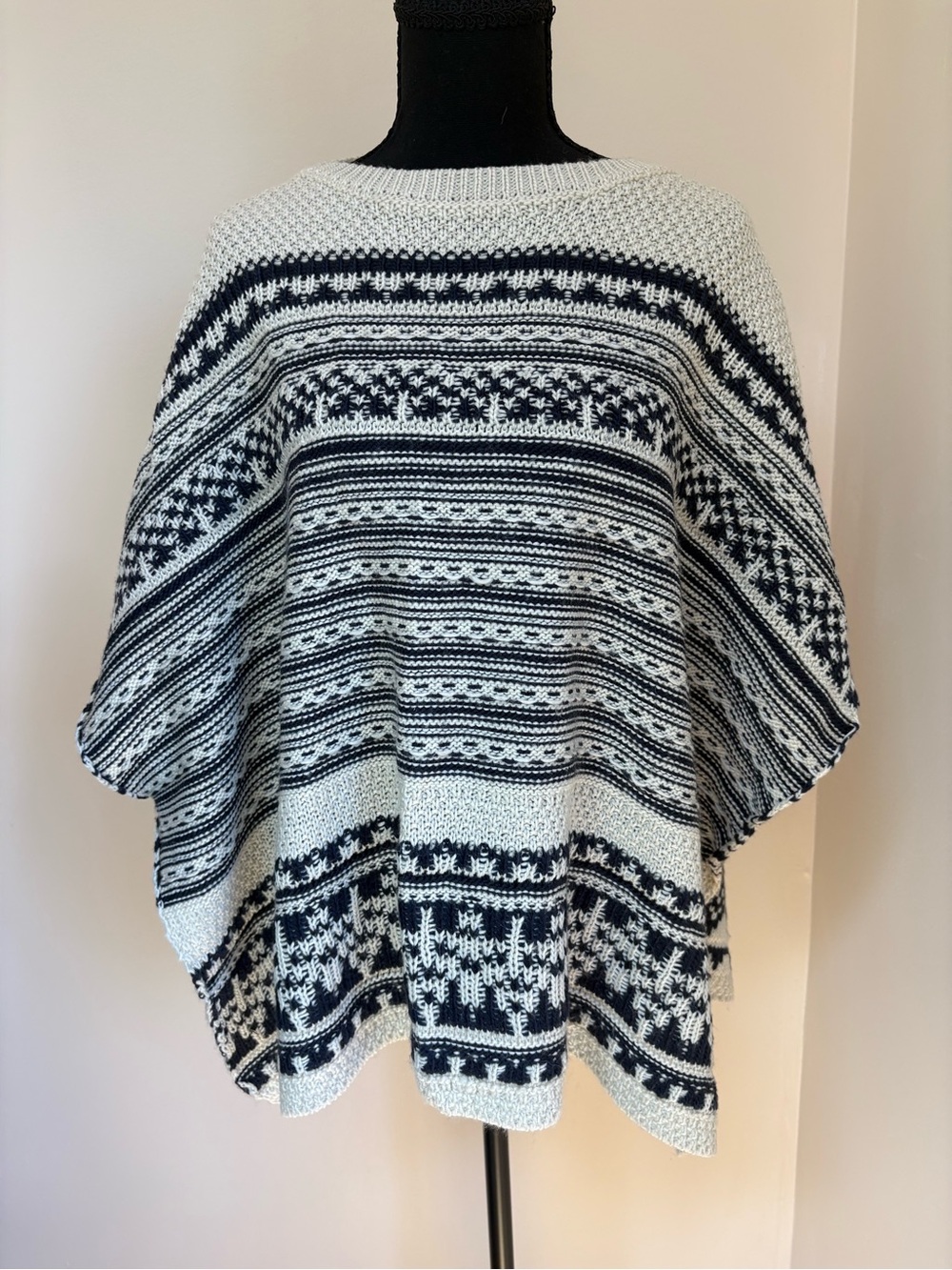 Navy and White Striped Fair Isle Women’s Sweater Poncho